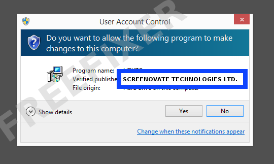 Screenshot where SCREENOVATE TECHNOLOGIES LTD. appears as the verified publisher in the UAC dialog